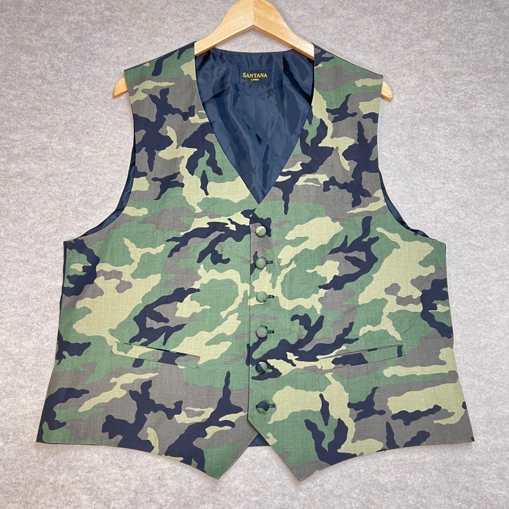 Santana Mens Camouflage Vest Large Woodland Camo Button Front Waistcoat USA Made